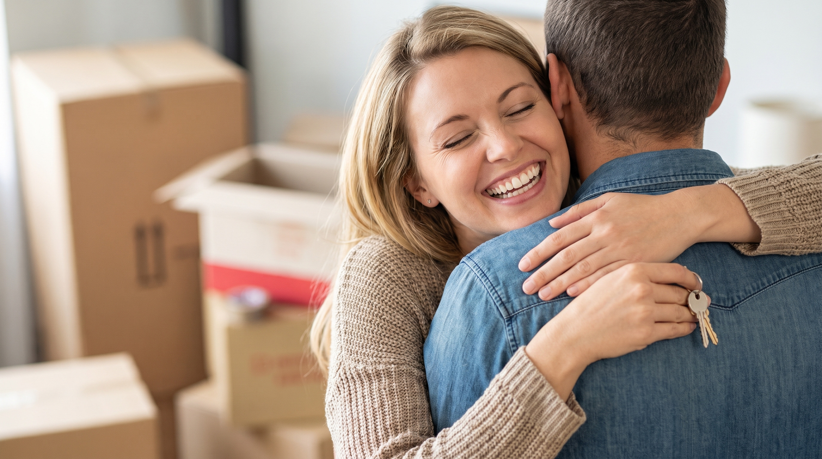 A woman hugging her partner while holding new house keys