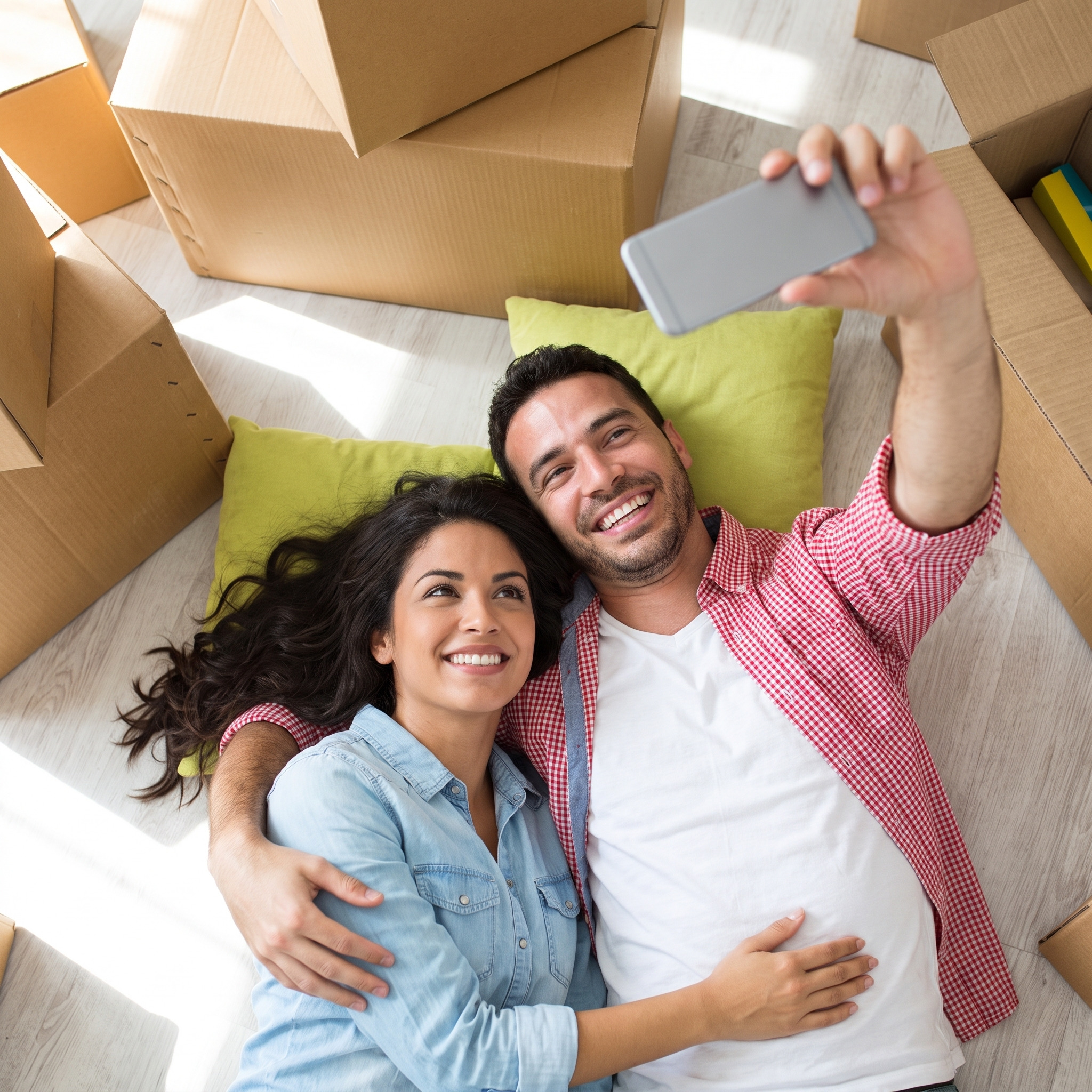 A couple relaxing among moving boxes in their new home
